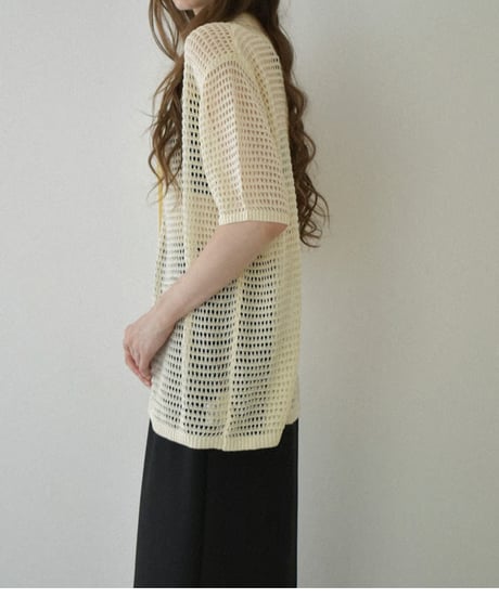 knit-02332　オーバーサイズ メッシュ ポロニット　アイボリー　ブラック
