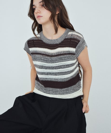 knit-02390　マルチボーダー ノースリーブ ニット　ブラウン　ブラック