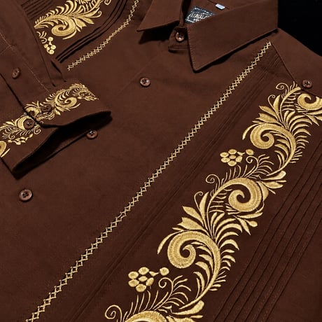 【2月】【予約商品】【長袖】【袖刺繍】【ESG-T30L-BRG】【 L/S GUAYAMISA 】【 BROWN GOLD】【 茶色x金】
