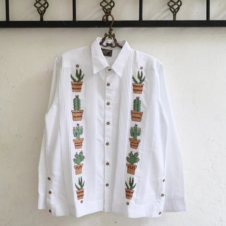 【ご注文日より１年以内にお届け】【受注生産】【長袖】【CACTUS 手刺繍】【HANDMADE】【ESGP-07L-W】【L/S GUAYAMISA】【WHITE】【白】