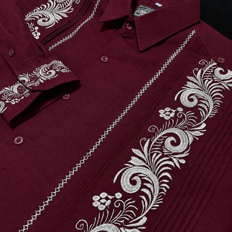 【長袖】【袖刺繍】【ESG-T30L-BUS】【 L/S GUAYAMISA 】【 BURGUNDYx SILVER】【 臙脂色x銀】