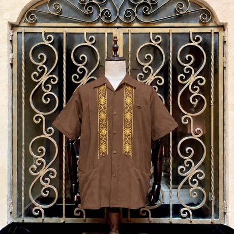【ご注文日より１年以内にお届け】【受注生産】【半袖】【 ESG-01S-BRG 】【 S/S GUAYABERA 】【 REJILLADA 】【 BROWNxGOLD 】【 茶色x金】