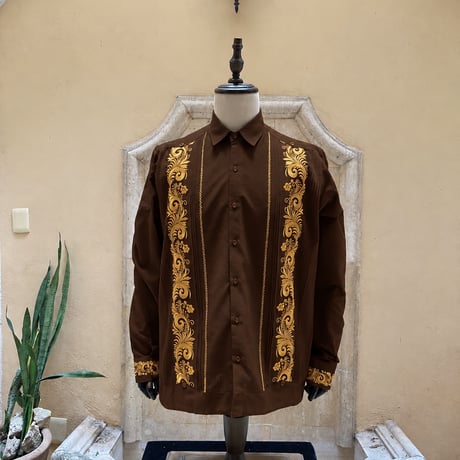 【2月】【予約商品】【長袖】【袖刺繍】【ESG-T30L-BRG】【 L/S GUAYAMISA 】【 BROWN GOLD】【 茶色x金】
