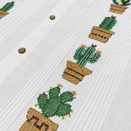 【ご注文日より１年以内にお届け】【受注生産】【半袖】【CACTUS 手刺繍】【HANDMADE】【ESGP-07S-W】【S/S GUAYAMISA】【WHITE】【白】