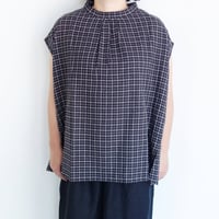 D　コットンチェックフレンチスリーブブラウス【ブラック】