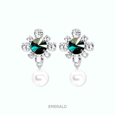 Mini Emblem & Pearl Earrings -EMERALD-