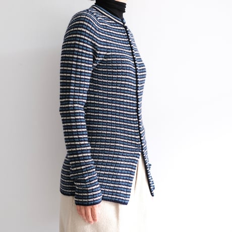 AURALEE / SHETLAND WOOL CASHMERE RIB KNIT CREW-NECK CARDIGAN(Lady's/NAVY STRIPE）