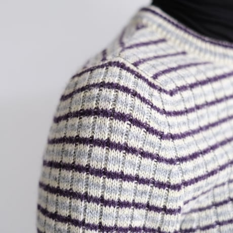 AURALEE / SHETLAND WOOL CASHMERE RIB KNIT CREW-NECK CARDIGAN(Lady's/LIME PURPLE STRIPE）