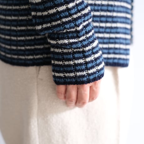 AURALEE / SHETLAND WOOL CASHMERE RIB KNIT CREW-NECK CARDIGAN(Lady's/NAVY STRIPE）