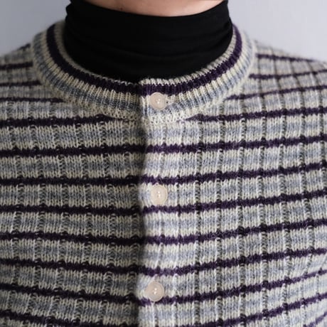 AURALEE / SHETLAND WOOL CASHMERE RIB KNIT CREW-NECK CARDIGAN(Lady's/LIME PURPLE STRIPE）