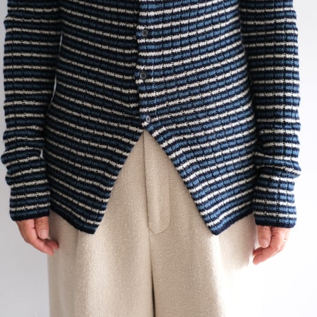AURALEE / SHETLAND WOOL CASHMERE RIB KNIT CREW-NECK CARDIGAN(Lady's/NAVY STRIPE）