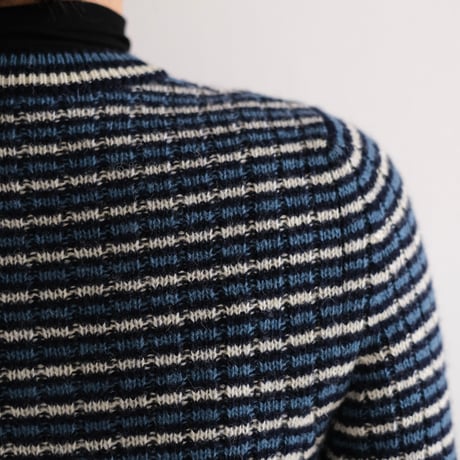 AURALEE / SHETLAND WOOL CASHMERE RIB KNIT CREW-NECK CARDIGAN(Lady's/NAVY STRIPE）