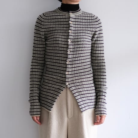 AURALEE / SHETLAND WOOL CASHMERE RIB KNIT CREW-NECK CARDIGAN(Lady's/LIME PURPLE STRIPE）