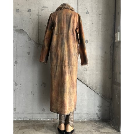 embroidery & fur switching design denim long coat (DEAD STOCK)