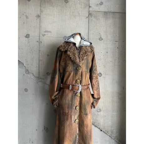 embroidery & fur switching design denim long coat (DEAD STOCK)