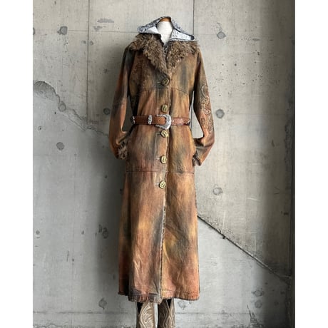 embroidery & fur switching design denim long coat (DEAD STOCK)