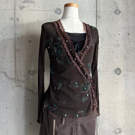flower embroidery see-through tops