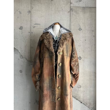 embroidery & fur switching design denim long coat (DEAD STOCK)