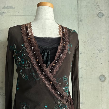 flower embroidery see-through tops