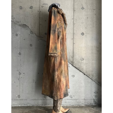 embroidery & fur switching design denim long coat (DEAD STOCK)
