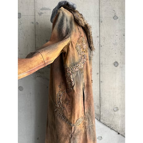 embroidery & fur switching design denim long coat (DEAD STOCK)