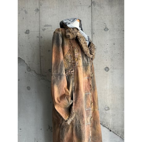 embroidery & fur switching design denim long coat (DEAD STOCK)