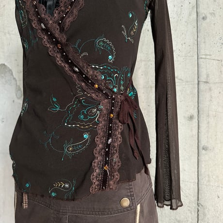 flower embroidery see-through tops
