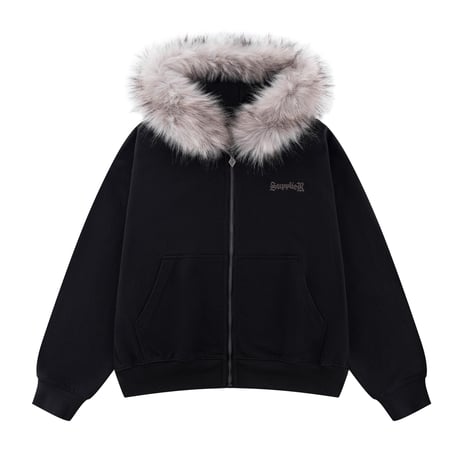 SUPPLIER Faux Fur Cross Zip Hoodie (BLACK) | サプライヤー フォーファー クロス ジップフーディー（ブラック）
