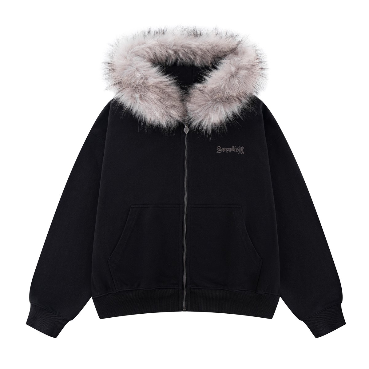 SUPPLIER Faux Fur Cross Zip Hoodie (BLACK) | サプ