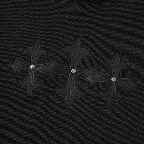 SUPPLIER Washed Triple Cross Leather Patch Crew Knit (Black)｜サプライヤー トリプル クロス レザー パッチ クルー ニット（ブラック）