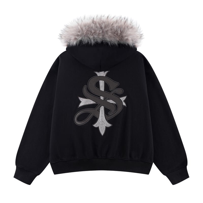 SUPPLIER Faux Fur Cross Zip Hoodie (BLACK) | サプ
