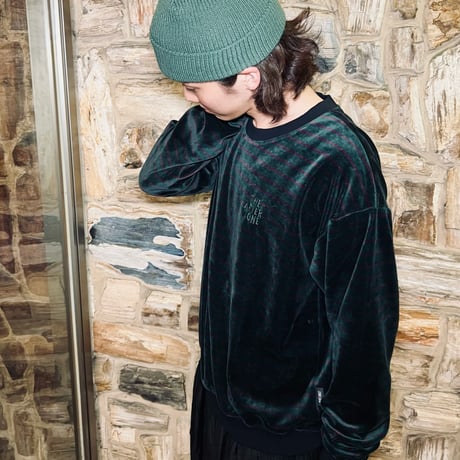 JOHN SOFIA Velour Crewneck (Moss/Wine)｜ジョンソフィア ベロア ボーダー クルーネック（モス/ワイン）