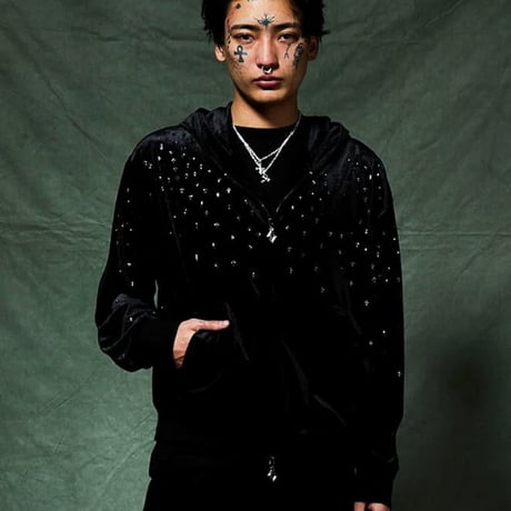 SUPPLIER Micro Cross Rhinestone Velour Zip Hoodie (Black)｜サプライヤー マイクロ クロス ラインストーン ベロアジップフーディー（ブラック）