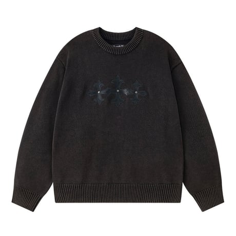 SUPPLIER Washed Triple Cross Leather Patch Crew Knit (Black)｜サプライヤー トリプル クロス レザー パッチ クルー ニット（ブラック）