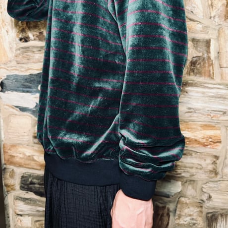 JOHN SOFIA Velour Crewneck (Moss/Wine)｜ジョンソフィア ベロア ボーダー クルーネック（モス/ワイン）