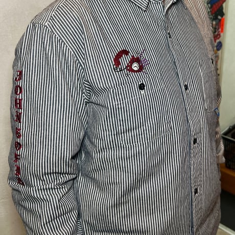 JOHN SOFIA ”Don't fucking call me.” LS Hickory Shirt (INDIGO/WHITE) | ジョンソフィア ドントファッキンコールミーヒッコリーシャツ