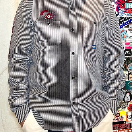JOHN SOFIA ”Don't fucking call me.” LS Hickory Shirt (INDIGO/WHITE) | ジョンソフィア ドントファッキンコールミーヒッコリーシャツ