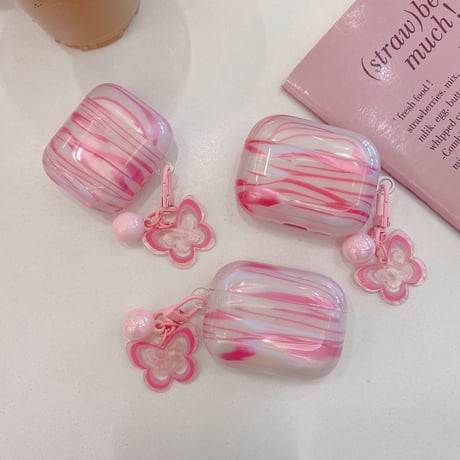 艶感シェル風 Airpods Pro3ケース 蝶キーホルダー Airpods 4/3カバー  AirpodsPro2/1  ピンク プレゼントにおすすめ [M6656]