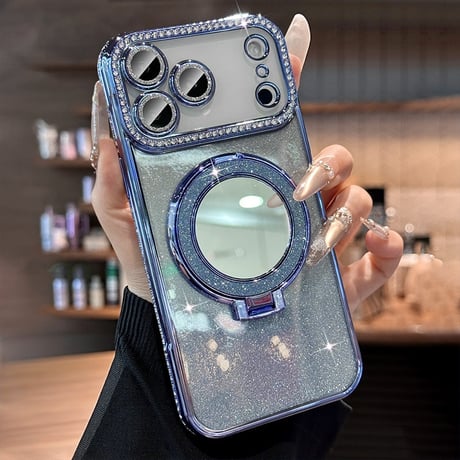iPhone18Pro/17ケース 鏡付Magsafeリングスタンド iPhone16/15Proケース  ストーン  綺麗 多機能 コスパ最強[M3769]