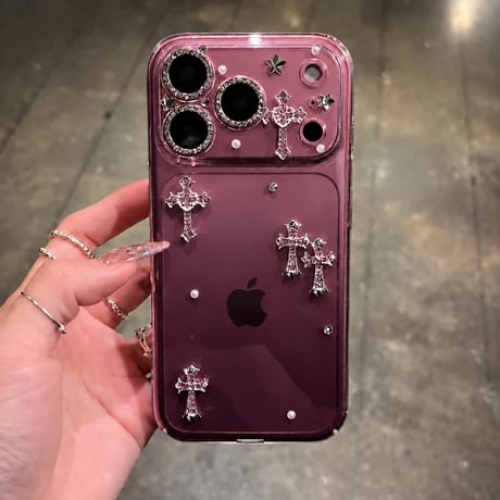 クロスモチーフ×パール ビジューデコ iPhone18Pro/18ProMaxケース クリア iPhone17/16Pro/15カバー 個性  トレンドファッション[M6765]