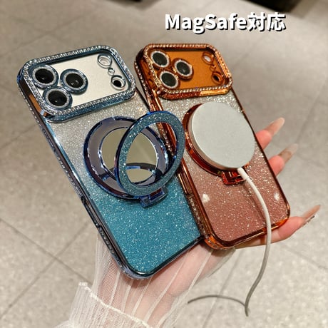 iPhone18Pro/17ケース 鏡付Magsafeリングスタンド iPhone16/15Proケース  ストーン  綺麗 多機能 コスパ最強[M3769]
