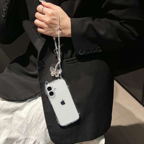 耳付き iPhone18Pro/17ケース 蝶ストラップ付 iPhone17Pro/16/15ProMaxカバー かわいい[M6676]