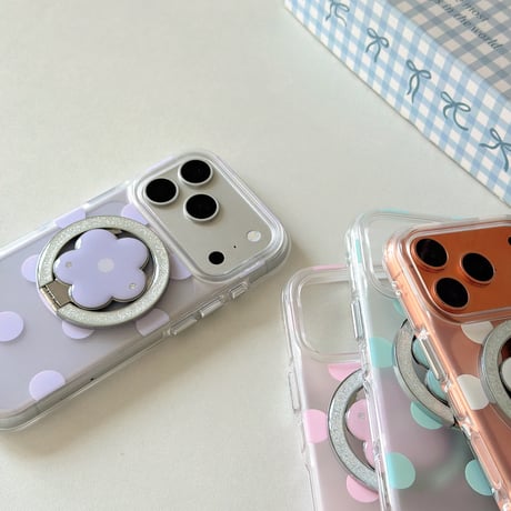 マグネット式花リングスタンド iPhone18Pro/18ProMaxケース MagSafe対応 iPhone17/16/15proケース 水玉模様[M6642