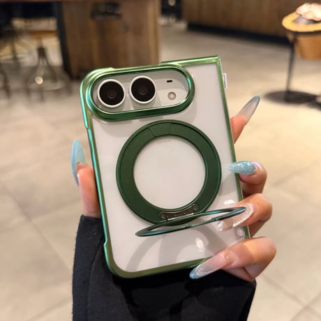 iPhone Duo専用ケース 360°回転リングスタンド付き 強化ガラスフィルム一体型 MagSafe対応 メッキ 高透明 耐衝撃 黄ばみにくい [M6815]