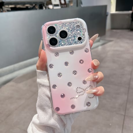 ドット柄 リボン柄 iPhone18Pro/18ProMaxケース キラキラグラデーション iPhone17Pro/16ProMaxカバー グリッターカメラカバー [M6883]