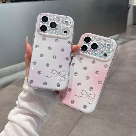 ドット柄 リボン柄 iPhone18Pro/18ProMaxケース キラキラグラデーション iPhone17Pro/16ProMaxカバー グリッターカメラカバー [M6883]