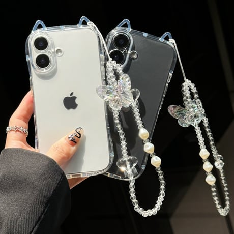耳付き iPhone18Pro/17ケース 蝶ストラップ付 iPhone17Pro/16/15ProMaxカバー かわいい[M6676]