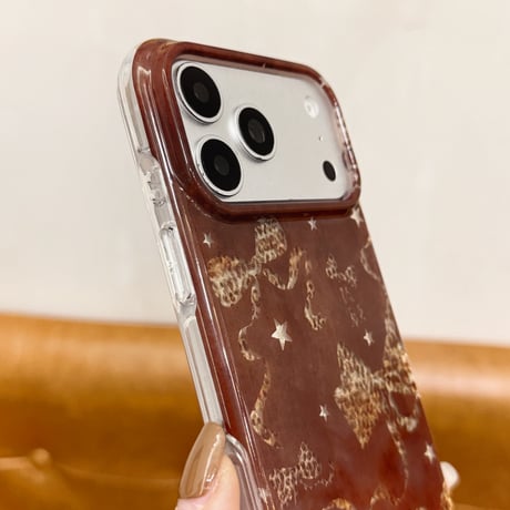 ヒョウ柄リボン iPhone18Pro/18ProMax スター ブラウン iPhone17/16/15Proカバー 大人かわいい [M6884]