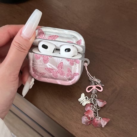 シェル風蝶柄 Airpods Pro3ケース 花キーホルダー Airpods 4/3カバーケース AirpodsPro2/1  きれい 高級感 [M6573]