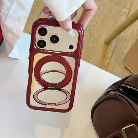 ミラー付き iPhone18Pro/18ProMaxケース リングスタンド一体型 iPhone17/16Pro/15カバー  丈夫 多機能 メイク直しも動画視聴もこれ1つ [M6873]